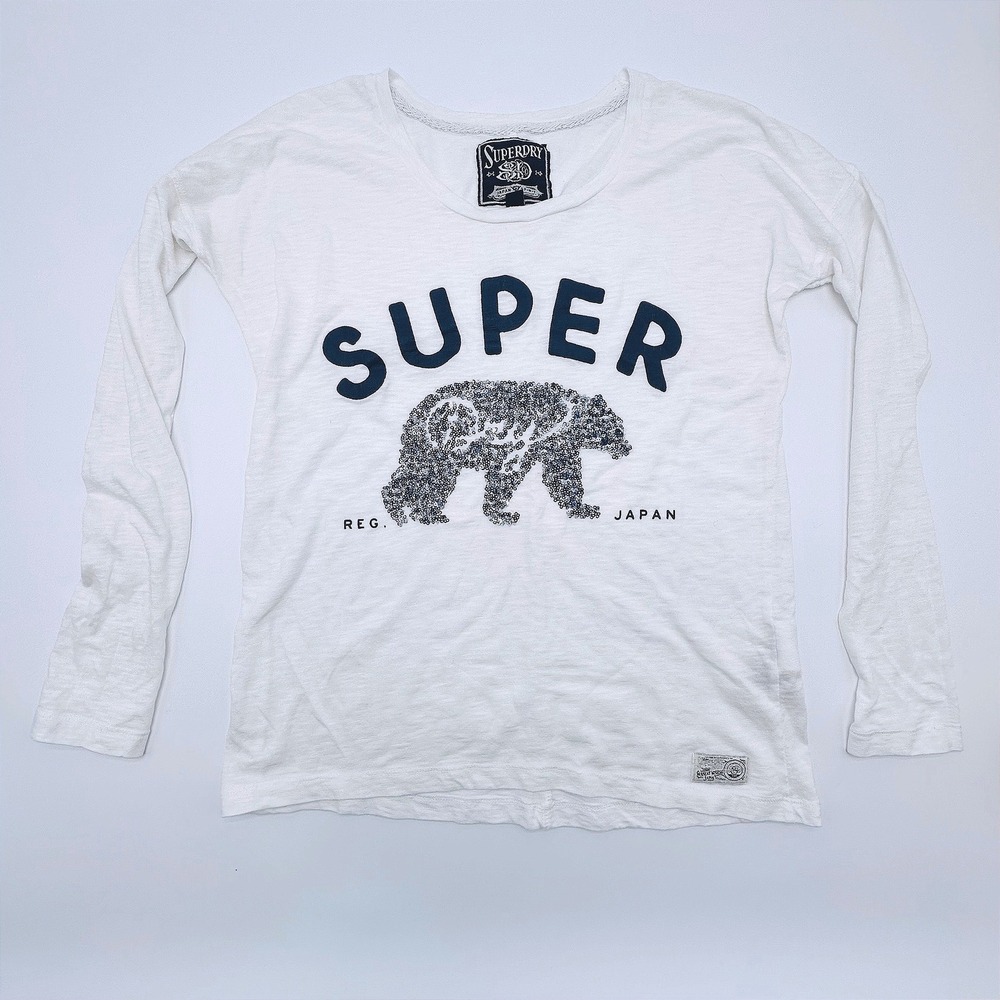 Superdry Womens White Sequin‎ Bear Graphic Long Sleeve Top G60LX010 Small